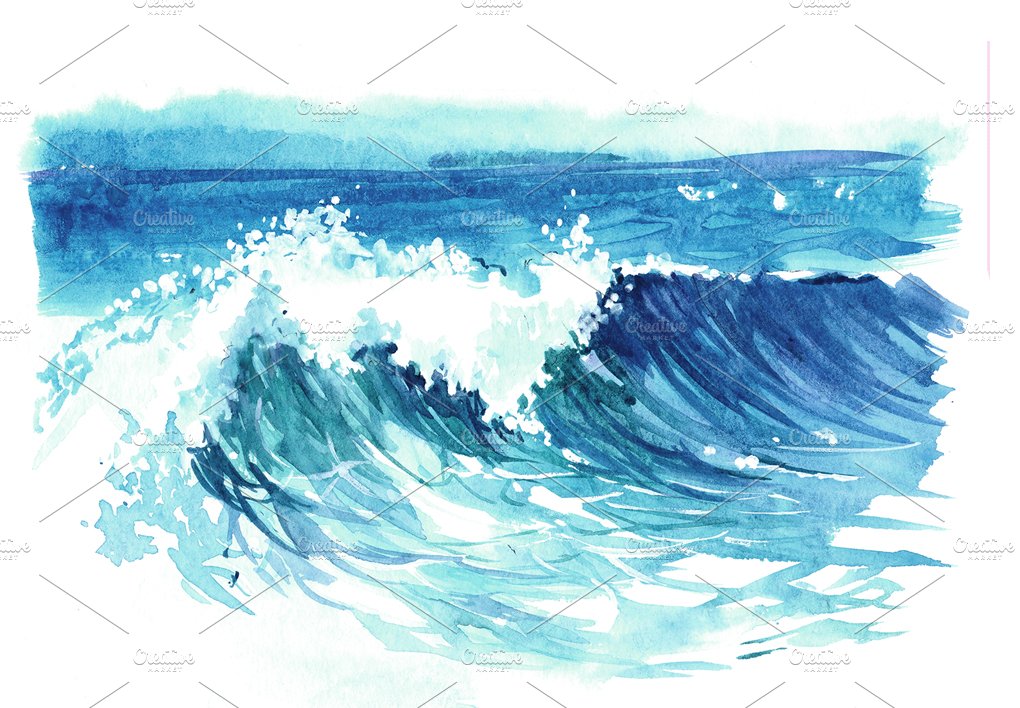 Watercolor drawing of blue wave on a white background.