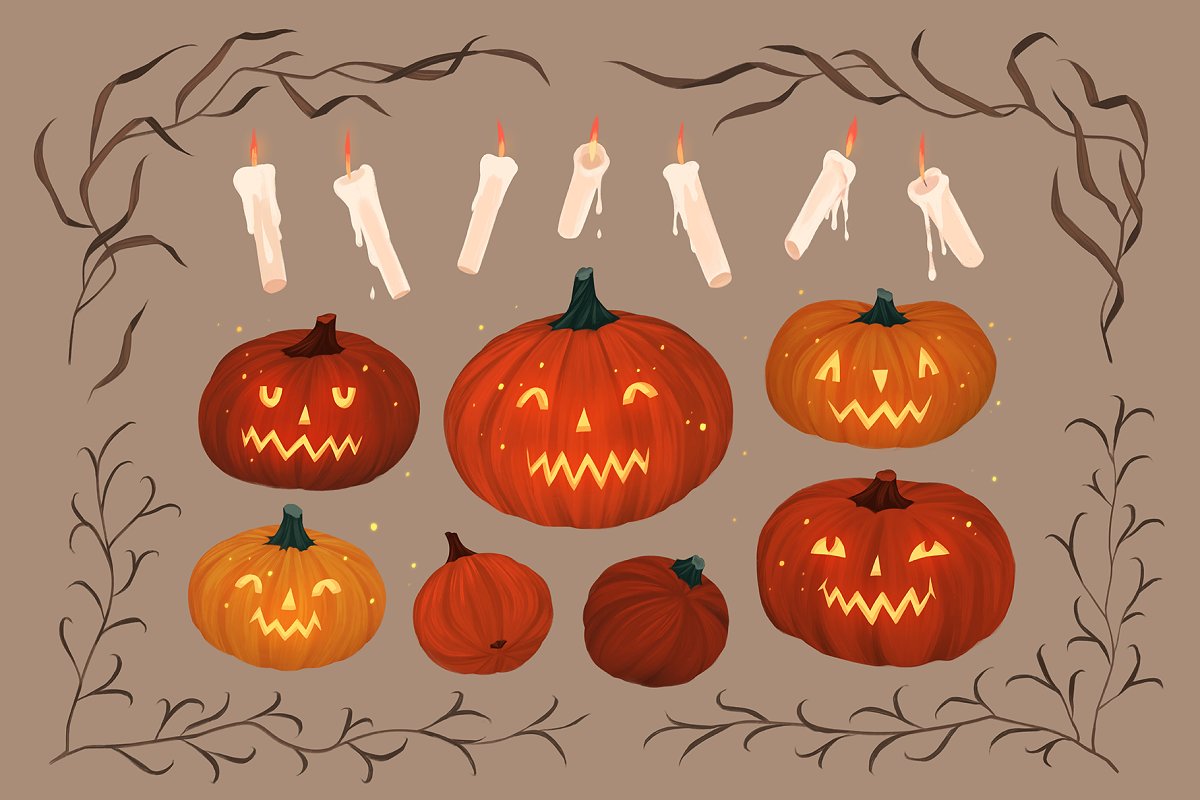 Mysterious pumpkins and candles graphics.