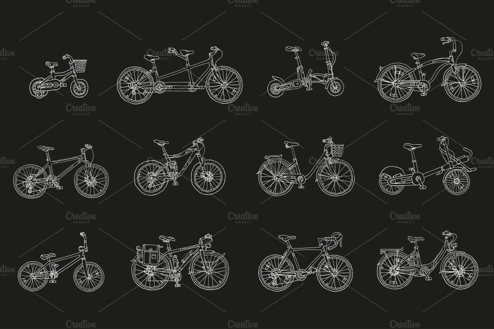 12 different white outline bike illustrations on a black background.