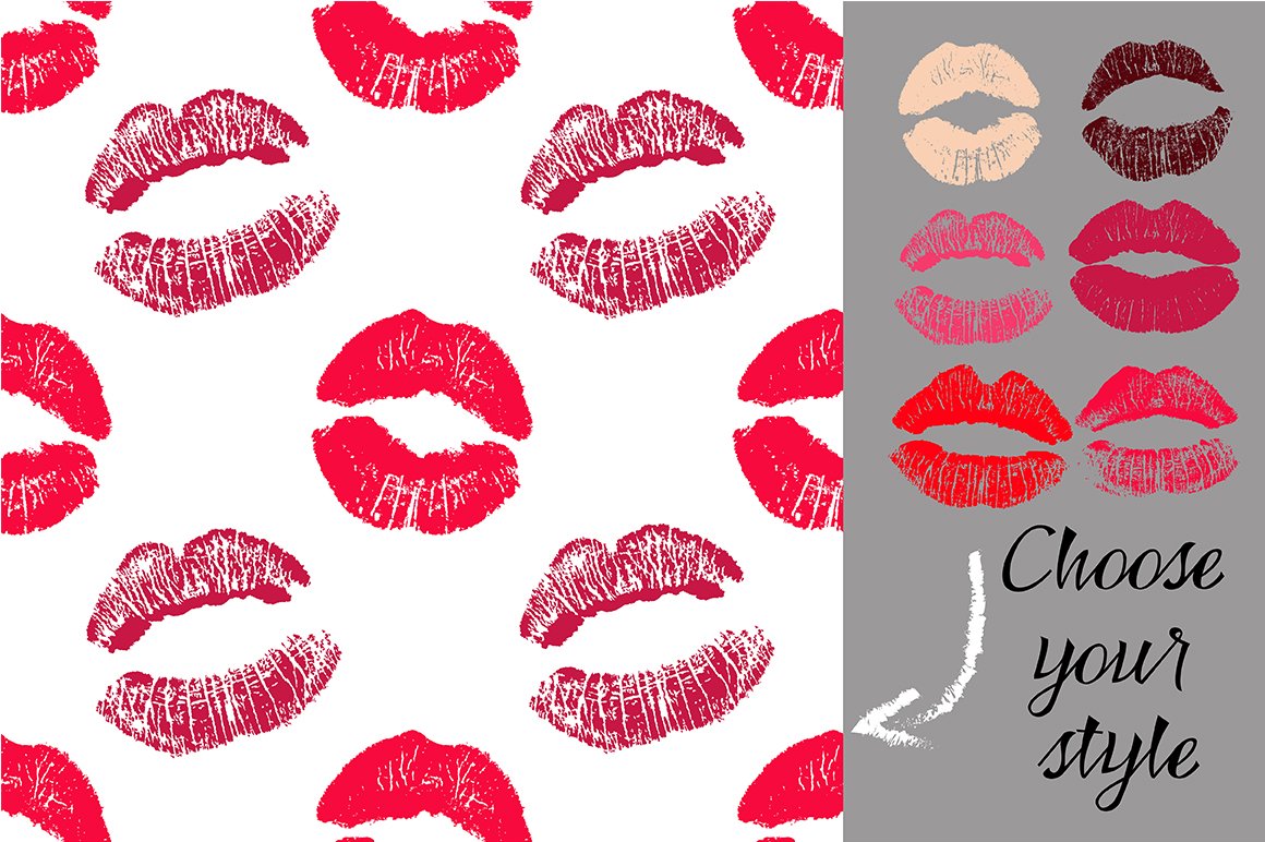 A set of different red and pink lips on a white background and 6 different lips with black lettering on a gray background.
