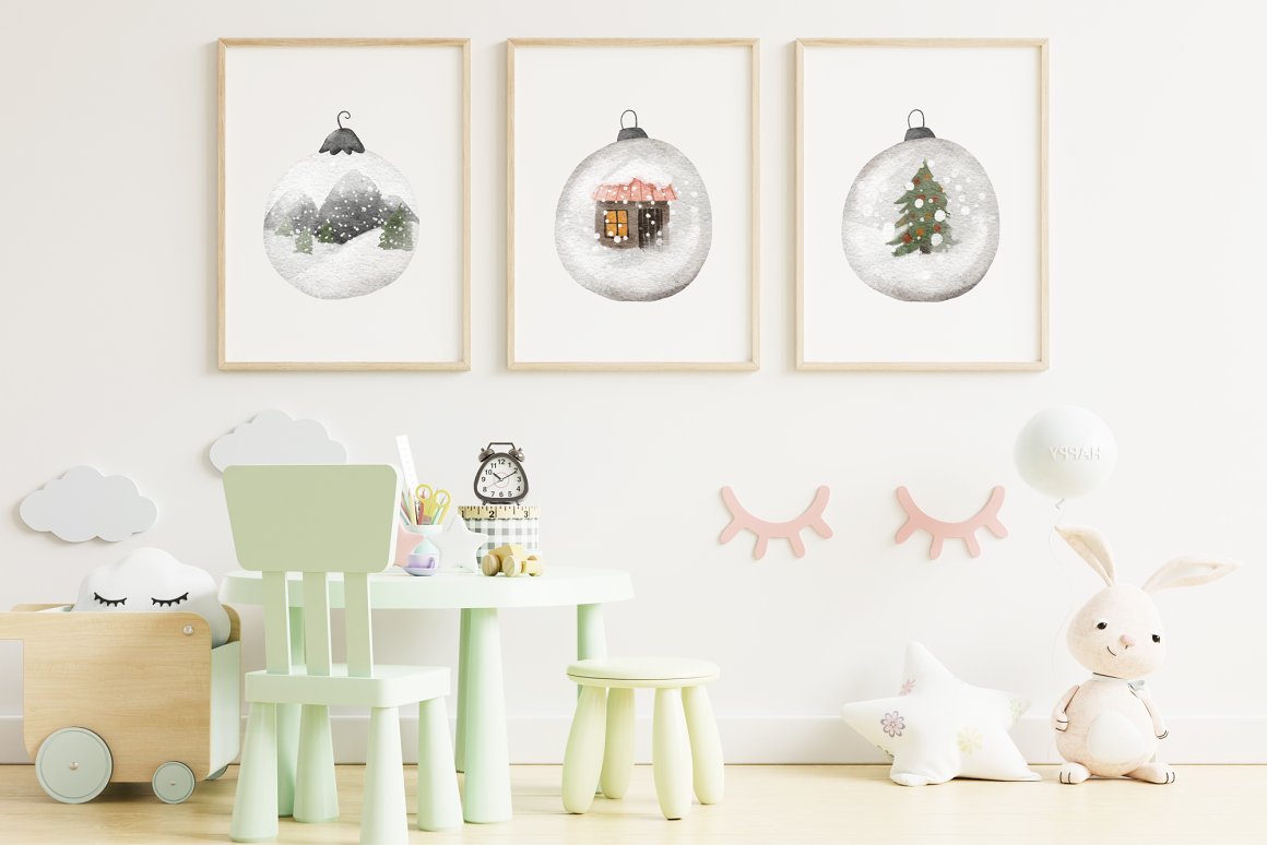 3 white pictures of christmas tree decorations in wooden frames on the wall.