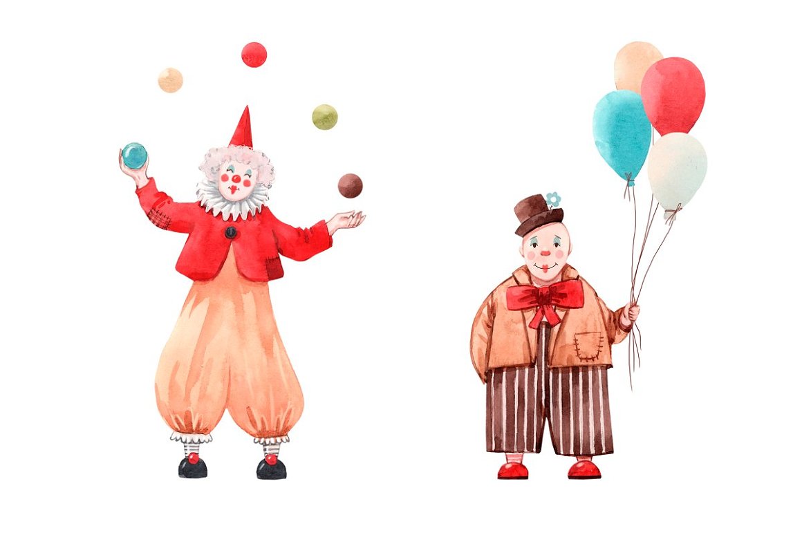 2 colorful circus illustrations of clown on a white background.