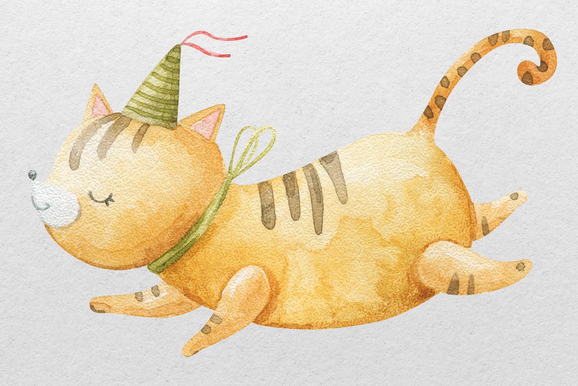 Watercolor illustration of circus cat on a gray background.
