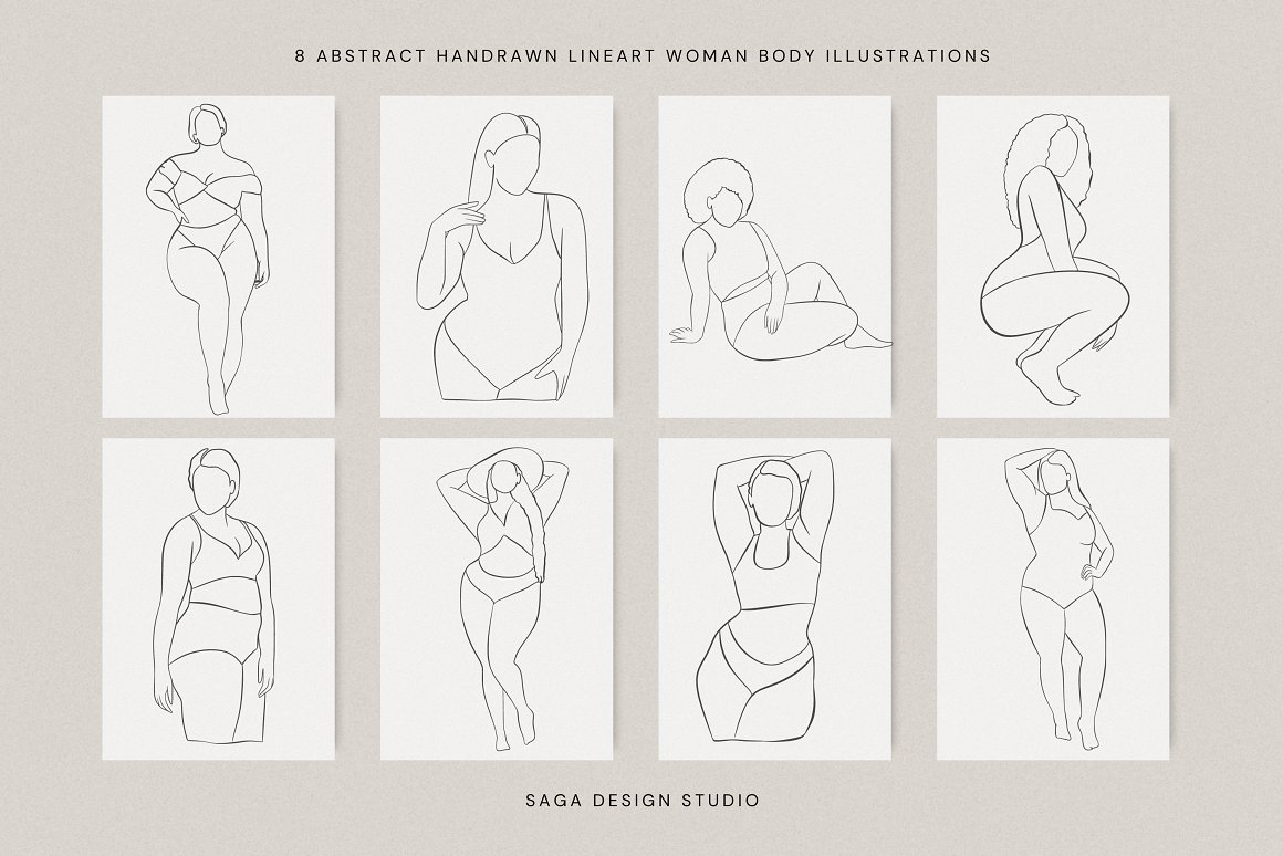 A set of 8 abstract handdrawn lineart woman body illustrations.