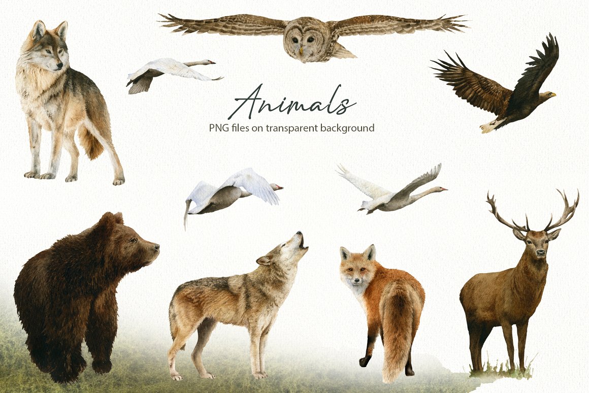 11 wild animals (including premade group of flying geese).