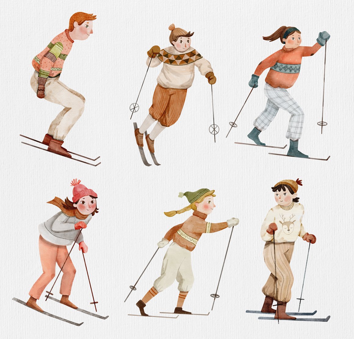 Clipart of 6 watercolor illustrations of a skier.