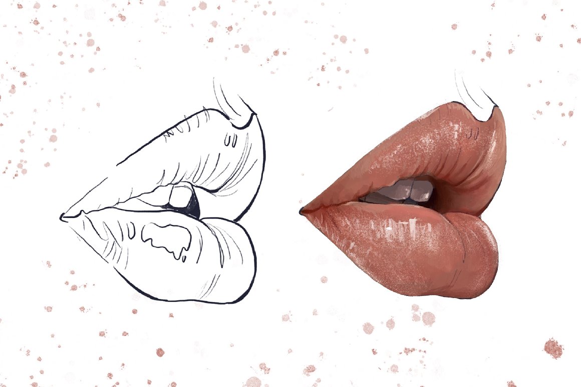 Outline and pink illustrations of lips on a white background.