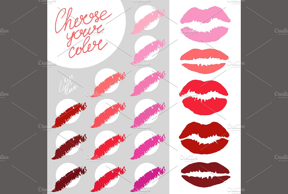 Collection of different lips and swatches on a gray and white background.
