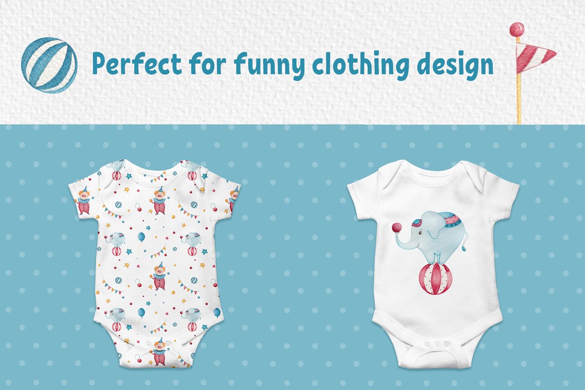 2 white bodysuits with patterns of circus on a blue dotted background.