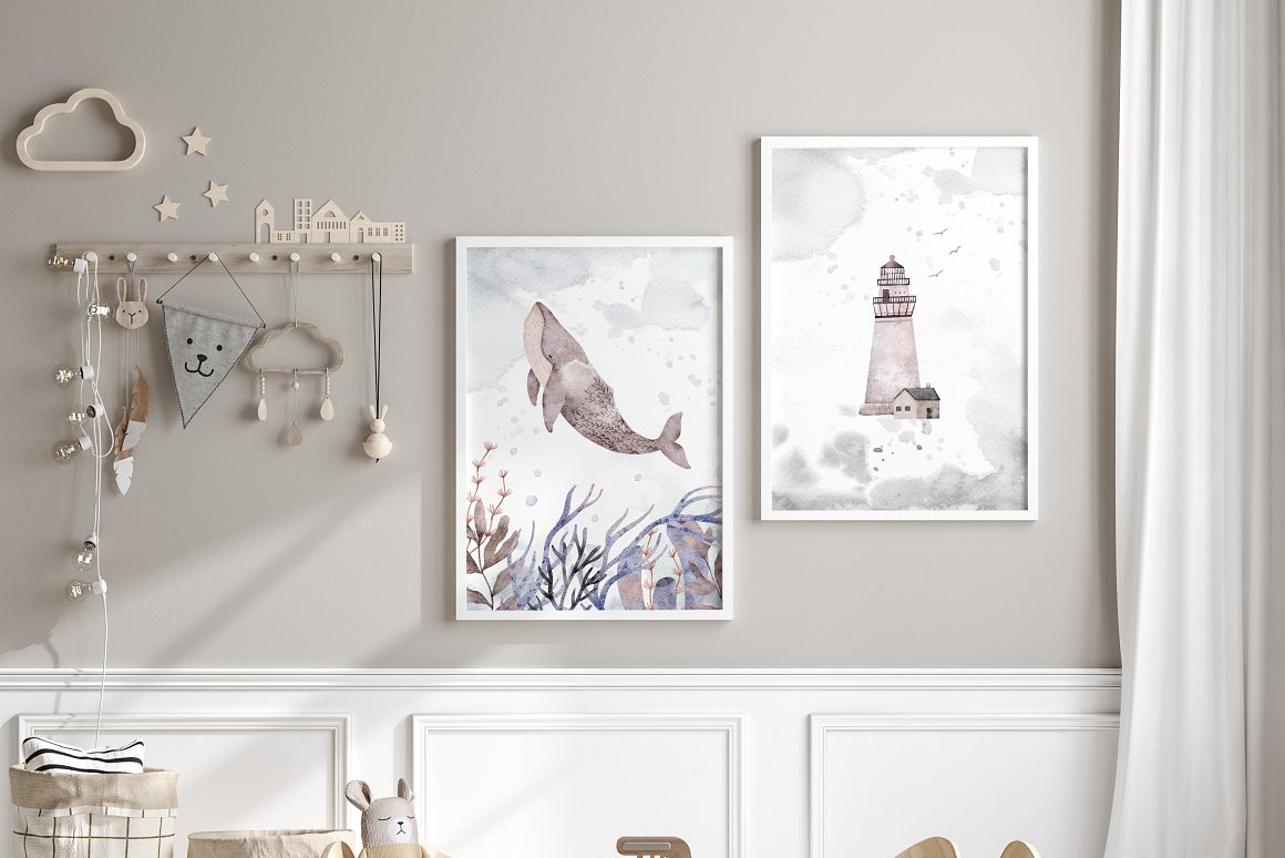 2 watercolor posters in white frames on the wall.
