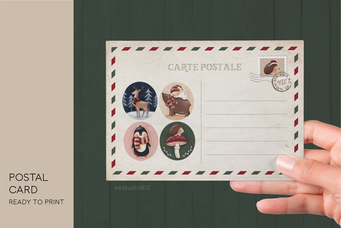 Postal card with 4 illustrations of christmas animals.