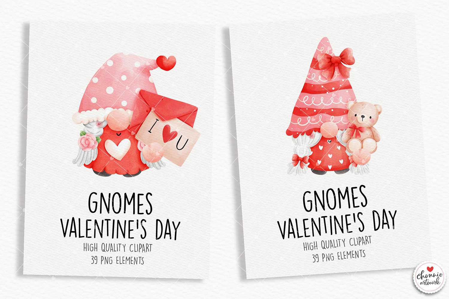 Cute Valentine's postcards with red gnomes.