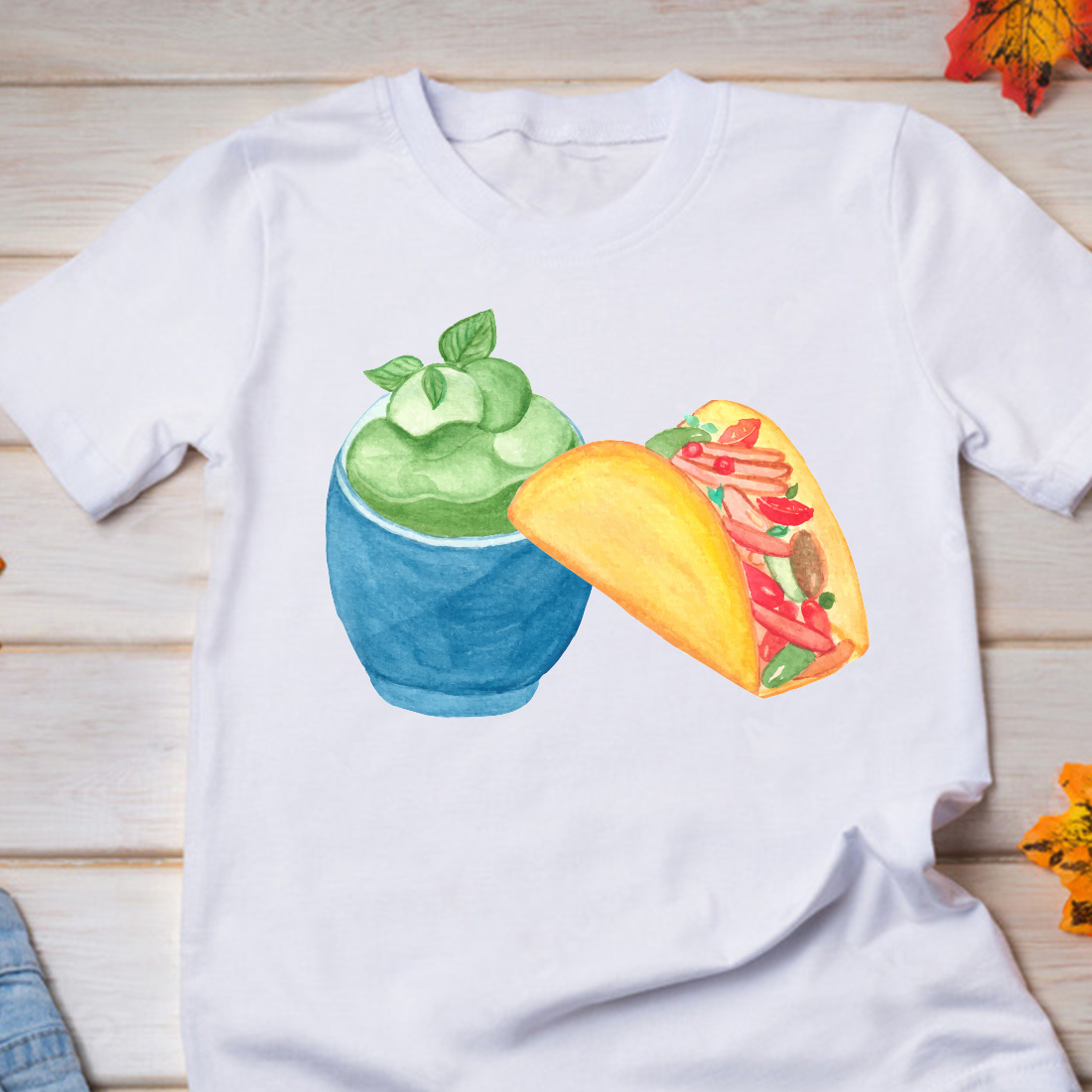 Image of a t-shirt with a beautiful print of mexican food