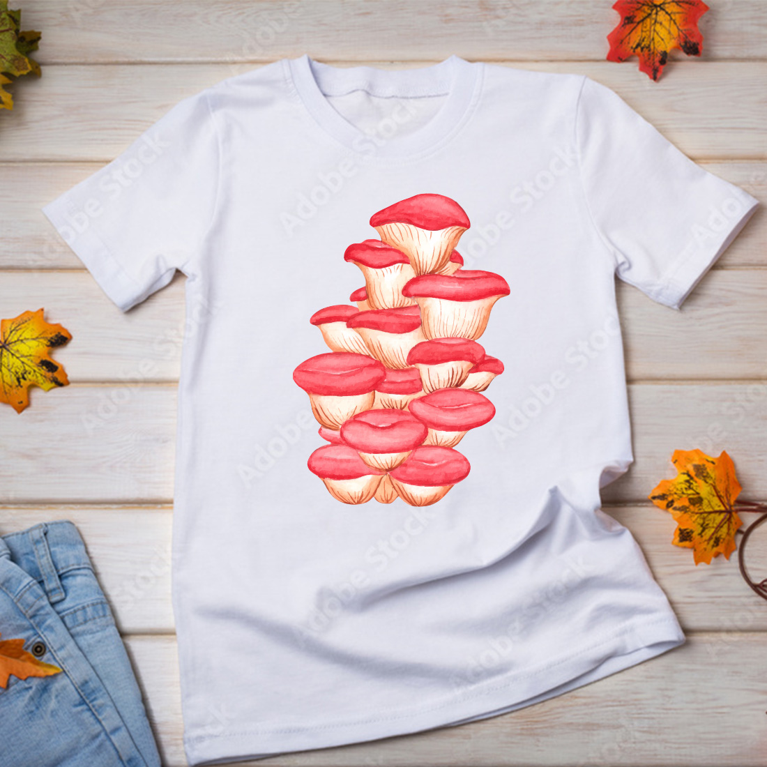 Blossom mushrooms on a white t-shirt.