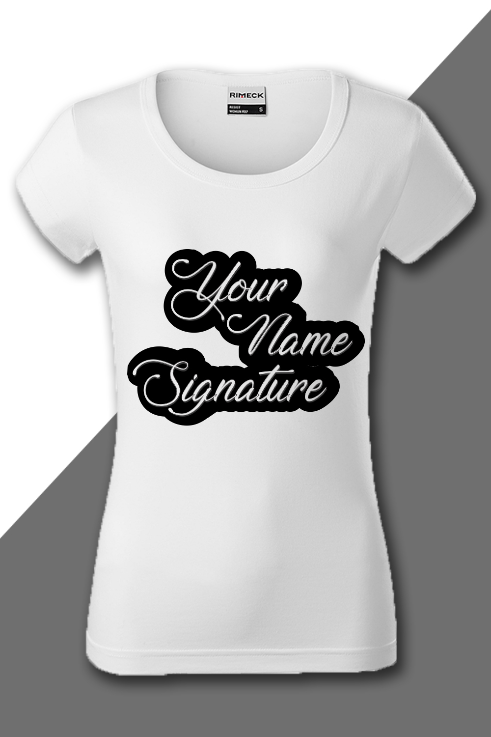 Image of a white t-shirt with an exquisite inscription your name signature