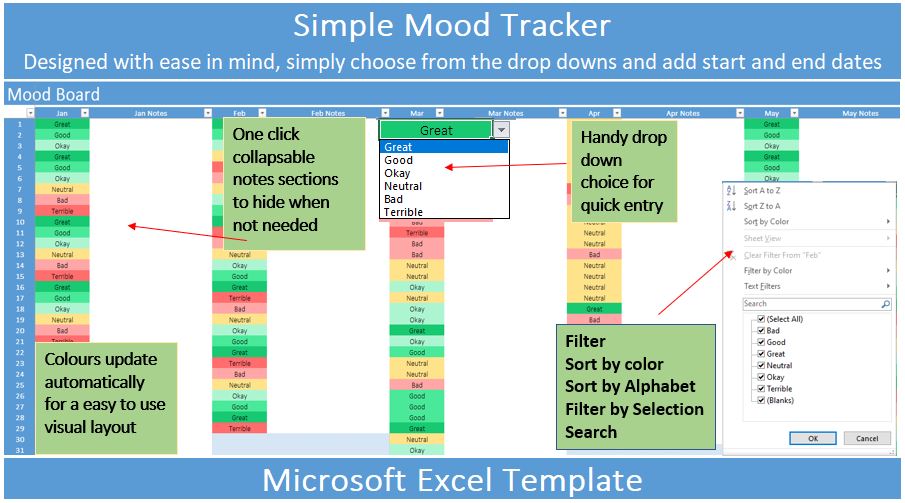Clean Mood Tracker Template Tool for Microsoft Excel preview image.