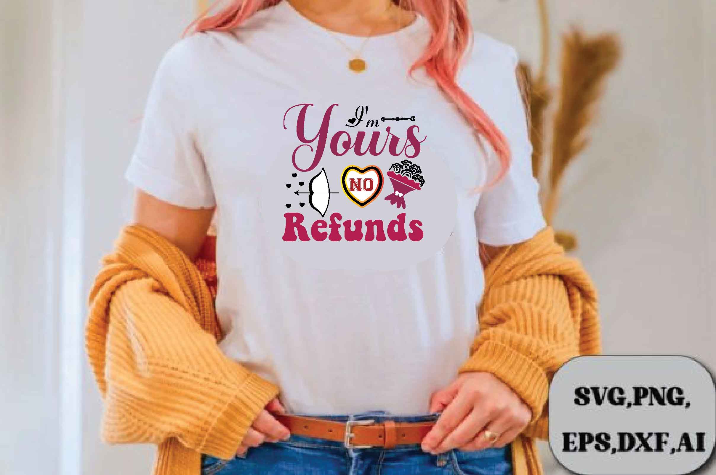 Image of a white t-shirt with a colorful inscription im yours no refunds