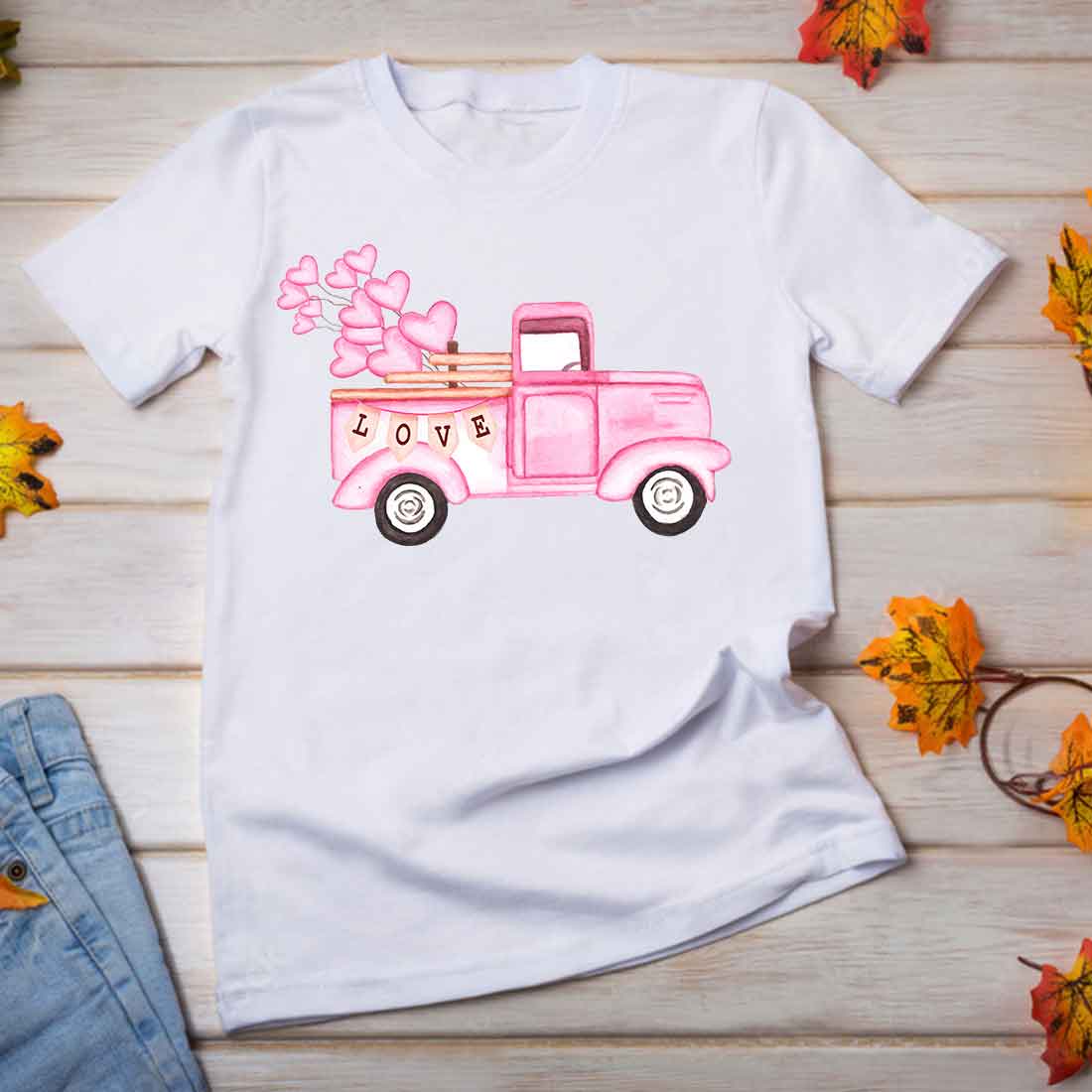 Image of a T-shirt with a unique pink truck print
