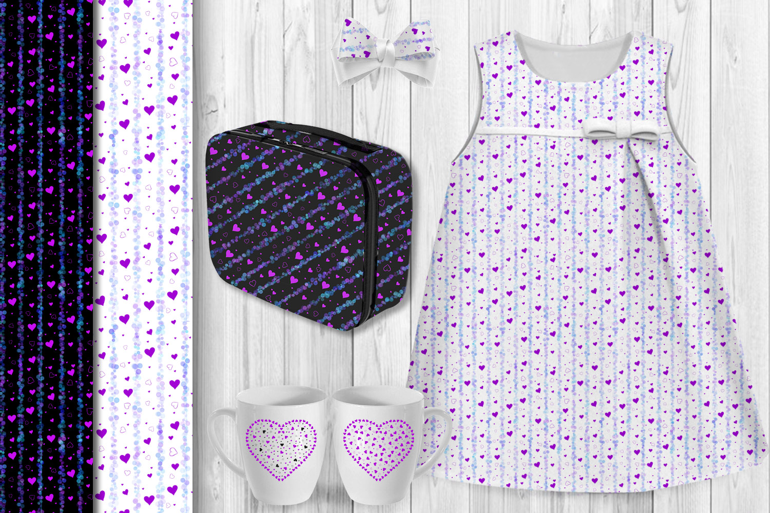 Cups, dresses and cosmetic bag with these hearts prints.
