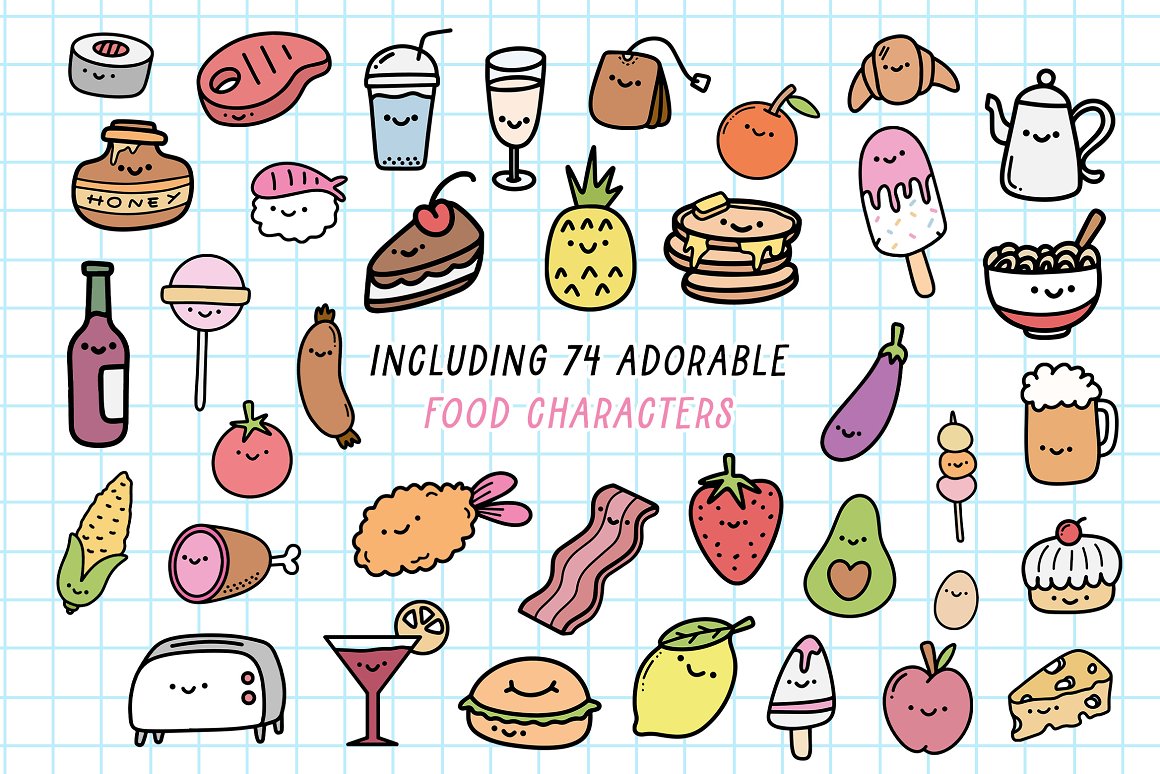 Pack of 74 colorful adorable food characters.