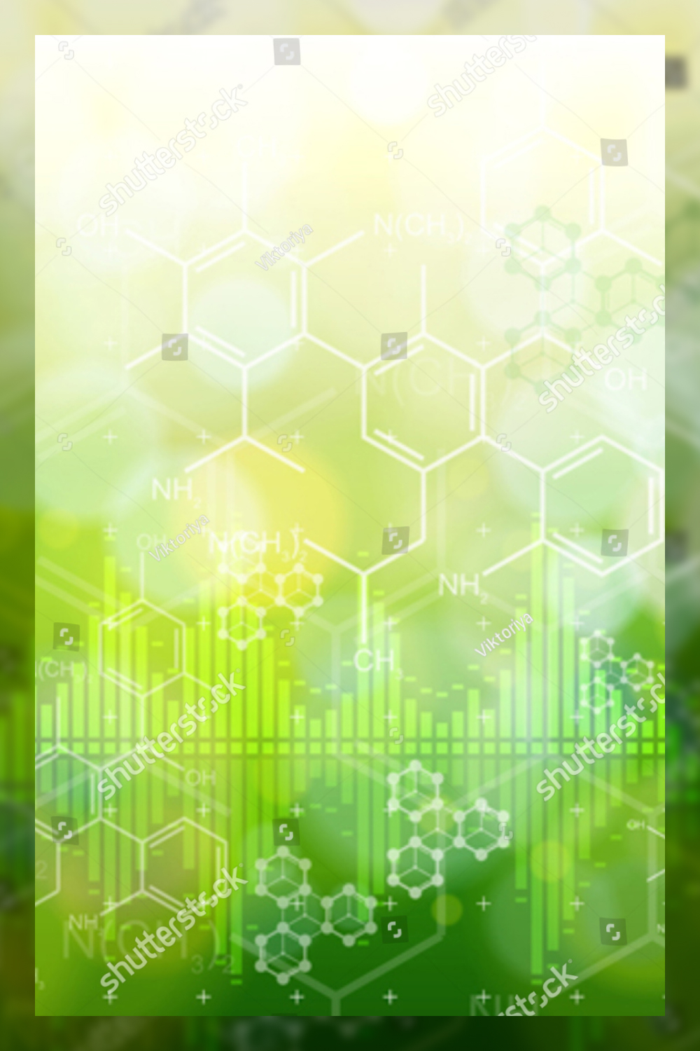 Ecology background chemical formulas digital wave green bokeh abstract light.