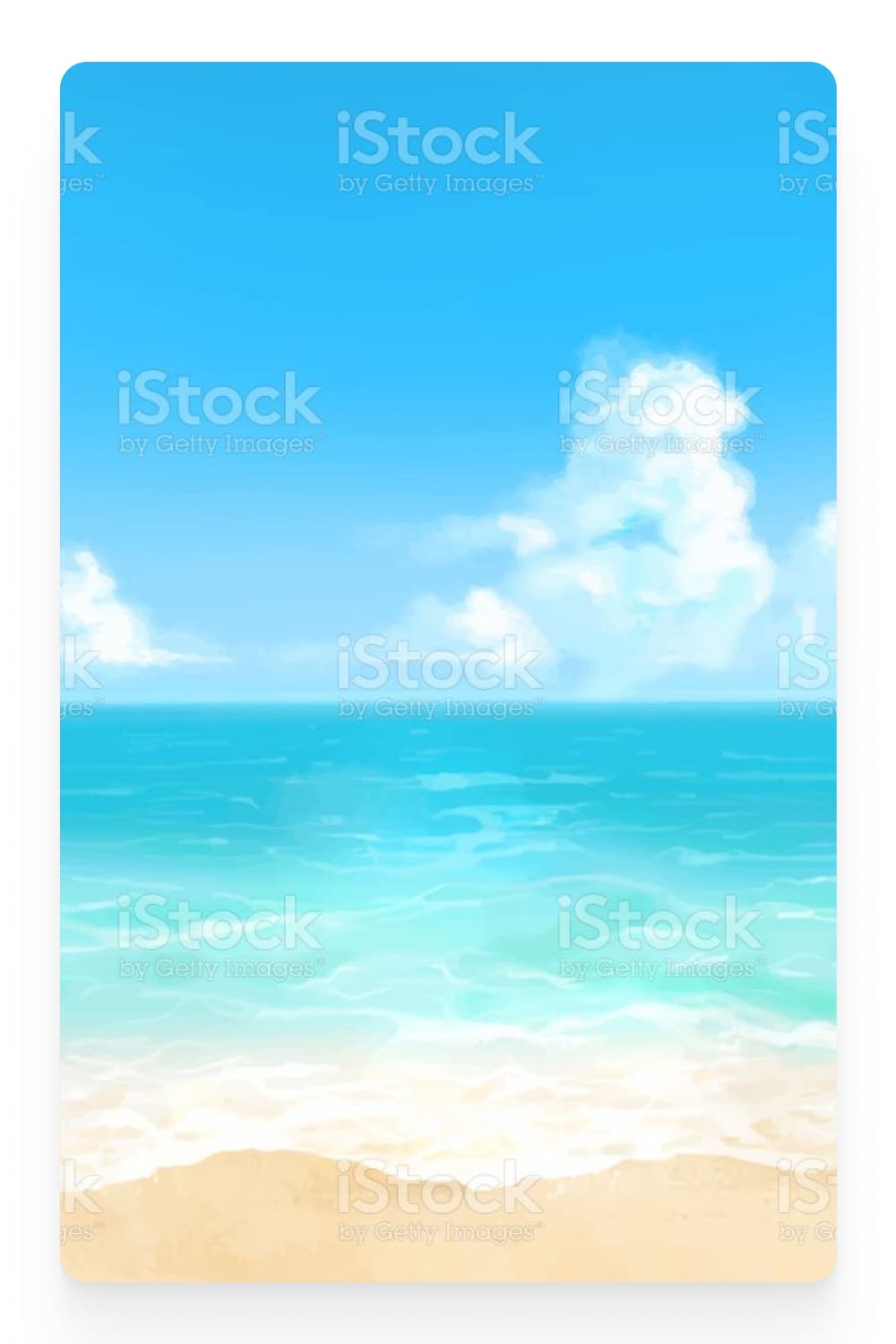 Photo of yellow sand, blue sea and blue sky with white clouds.