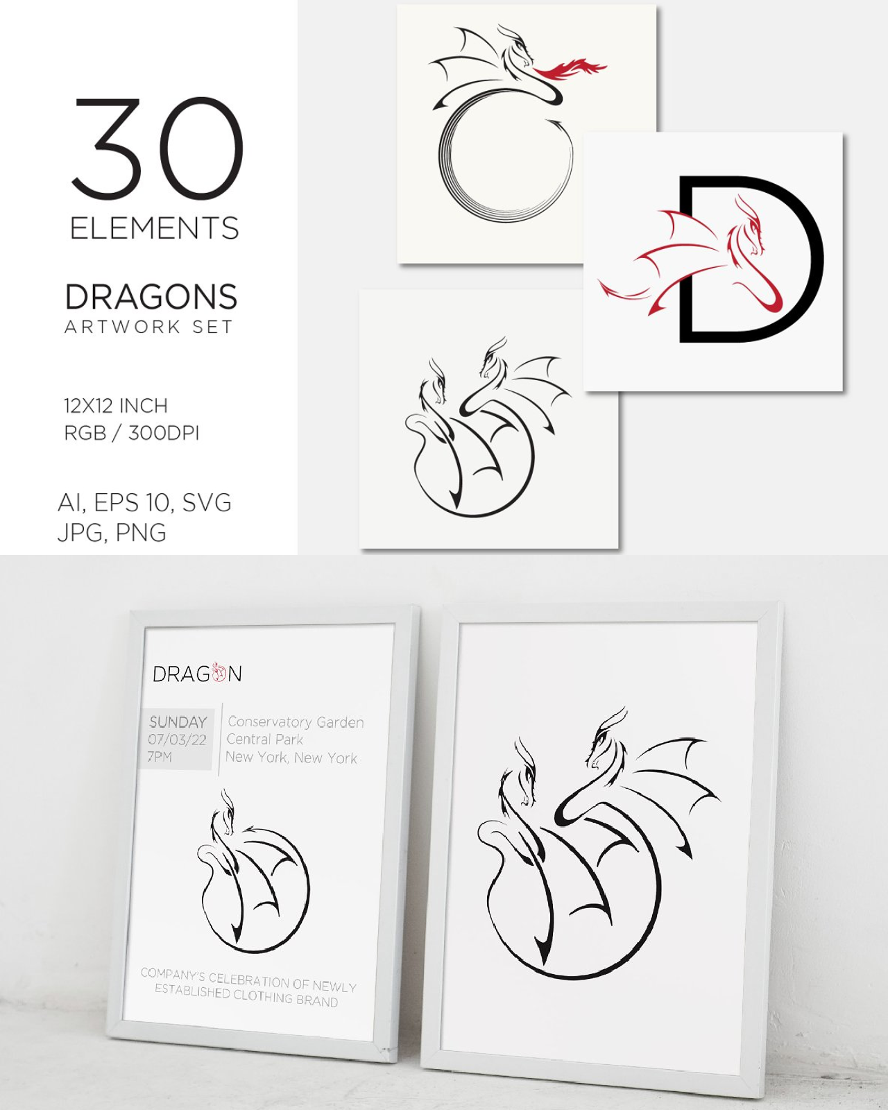 30 stylized black dragons pinterest image.