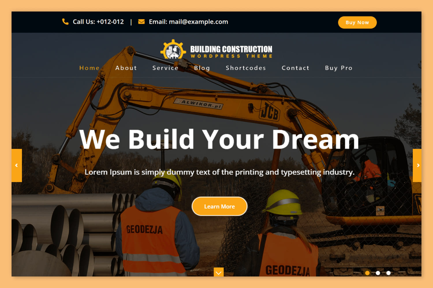 Screenshot of a construction company website with a photo of construction equipment, workers and a slogan.