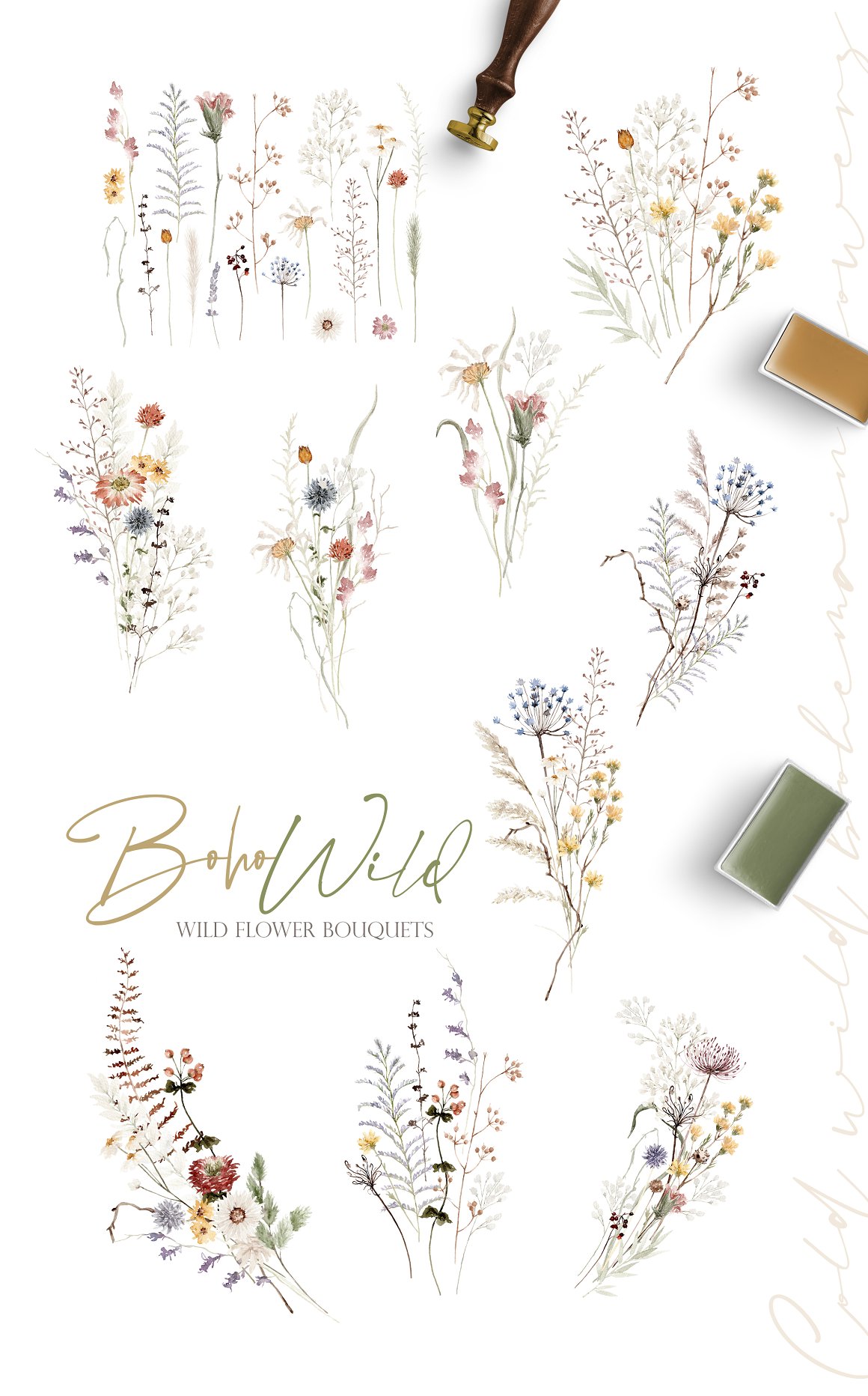Clipart of boho wild floral illustrations on a white background.