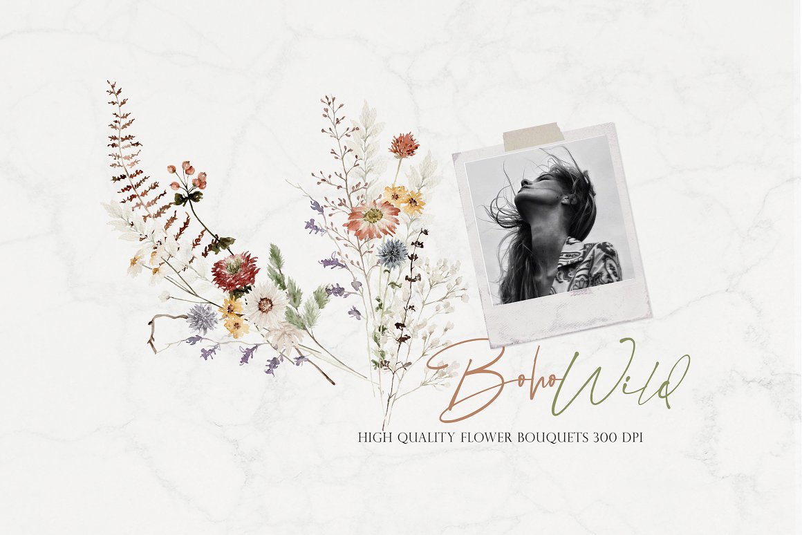 Cover with lettering "Boho Wild" and floral illustration on a gray background.