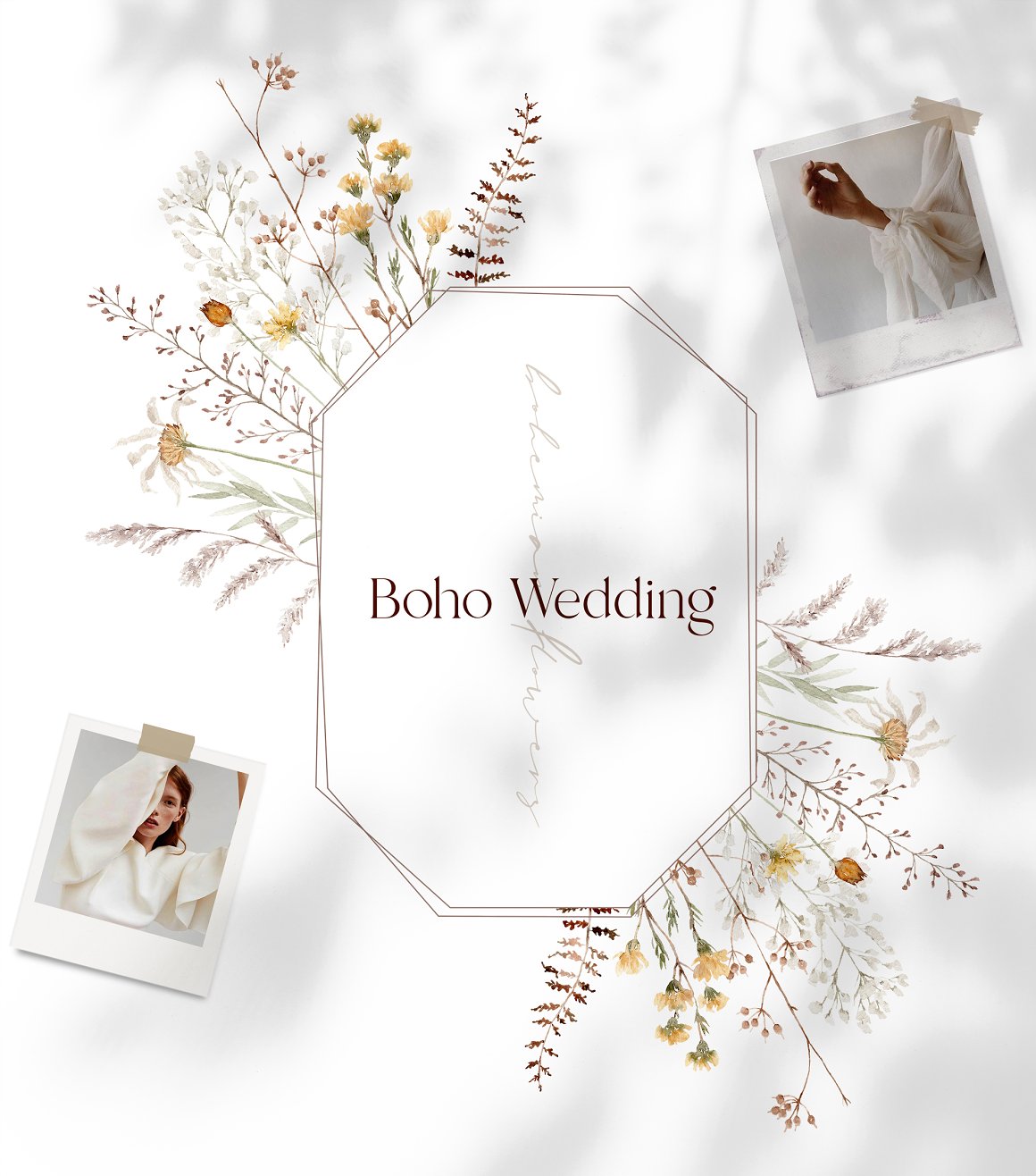 Lettering "Boho Wedding" in frame with flowers and 2 polaroid photos on a white background.