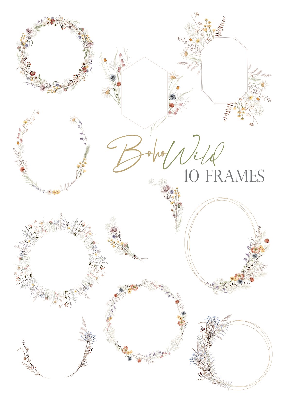 A set of 10 different floral frames on a white background.