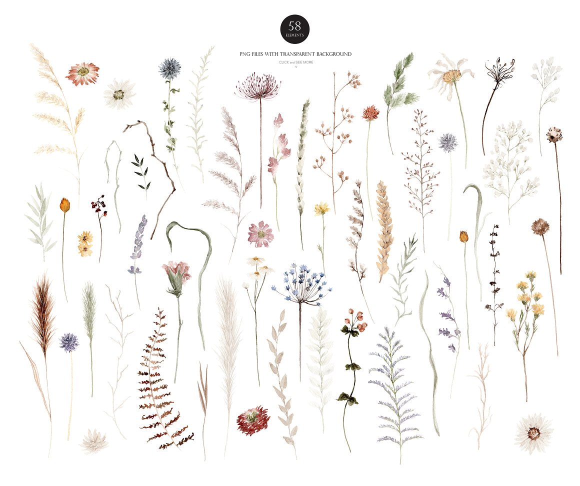 Clipart of 58 different floral illustrations on a white background.