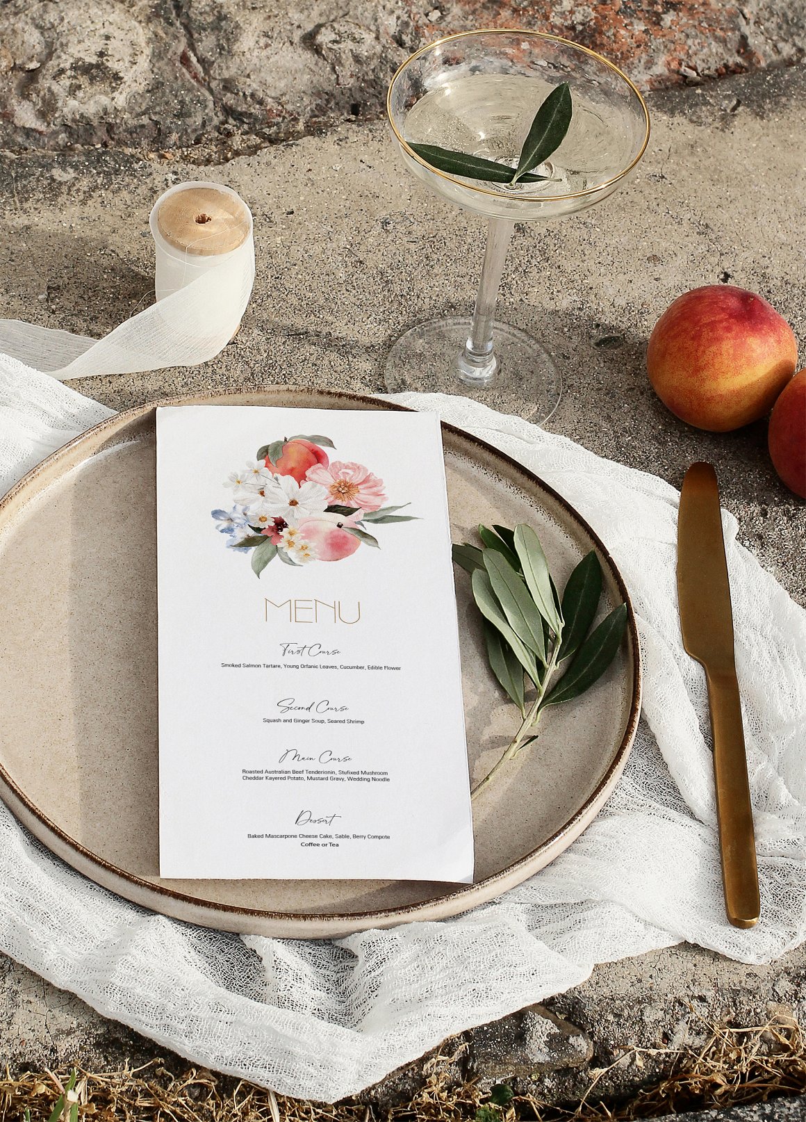 White card for menu with watercolor flower and peach illustration.