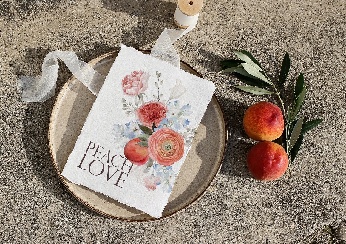 Drawing of flower and peach composition with dark gray lettering "Peach Love".