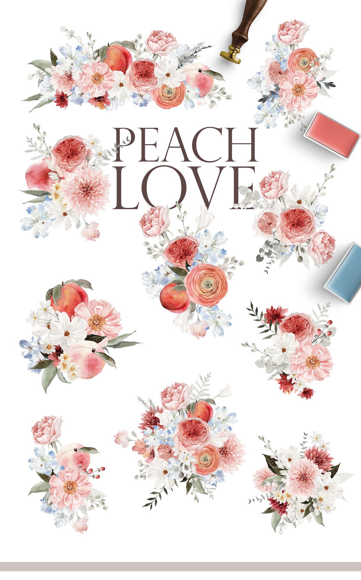 Collection of 10 different floral and peach bouquets on a white background.