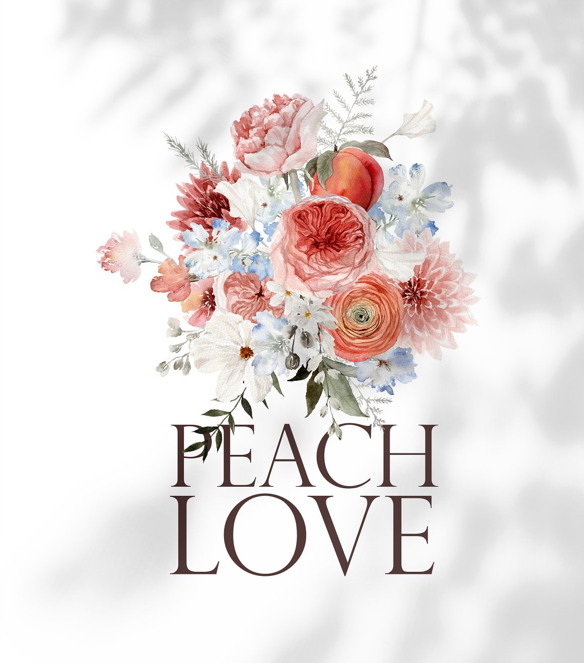 Flower and peach composition and black lettering "Peach Love" on a white background.