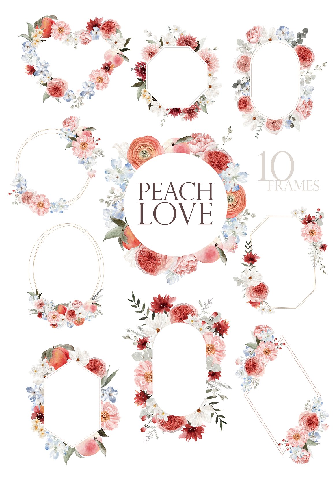 A set of 10 different flower and peach frames on a white background.
