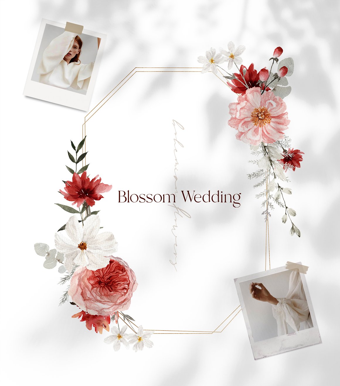 Brown lettering "Blossom Wedding" and frame with floral compositions and 2 polaroid photos.