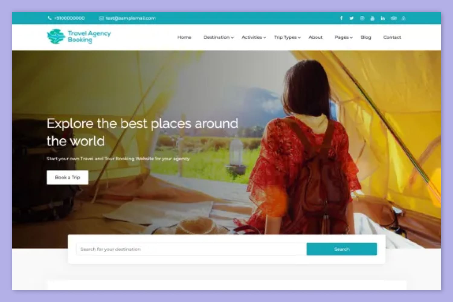 Screenshot of a travel agency website with a photo of a girl in a tent.