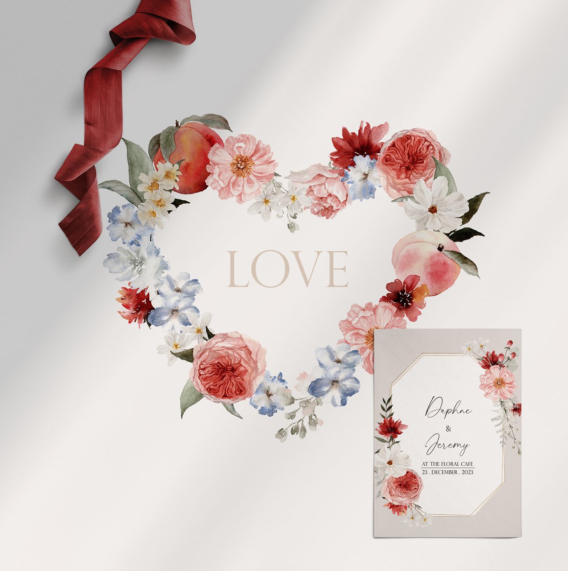 Heart of flower and peach composition and invitation card.