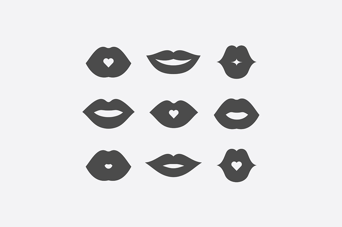 A set of 9 different dark gray women lips icons on a gray background.