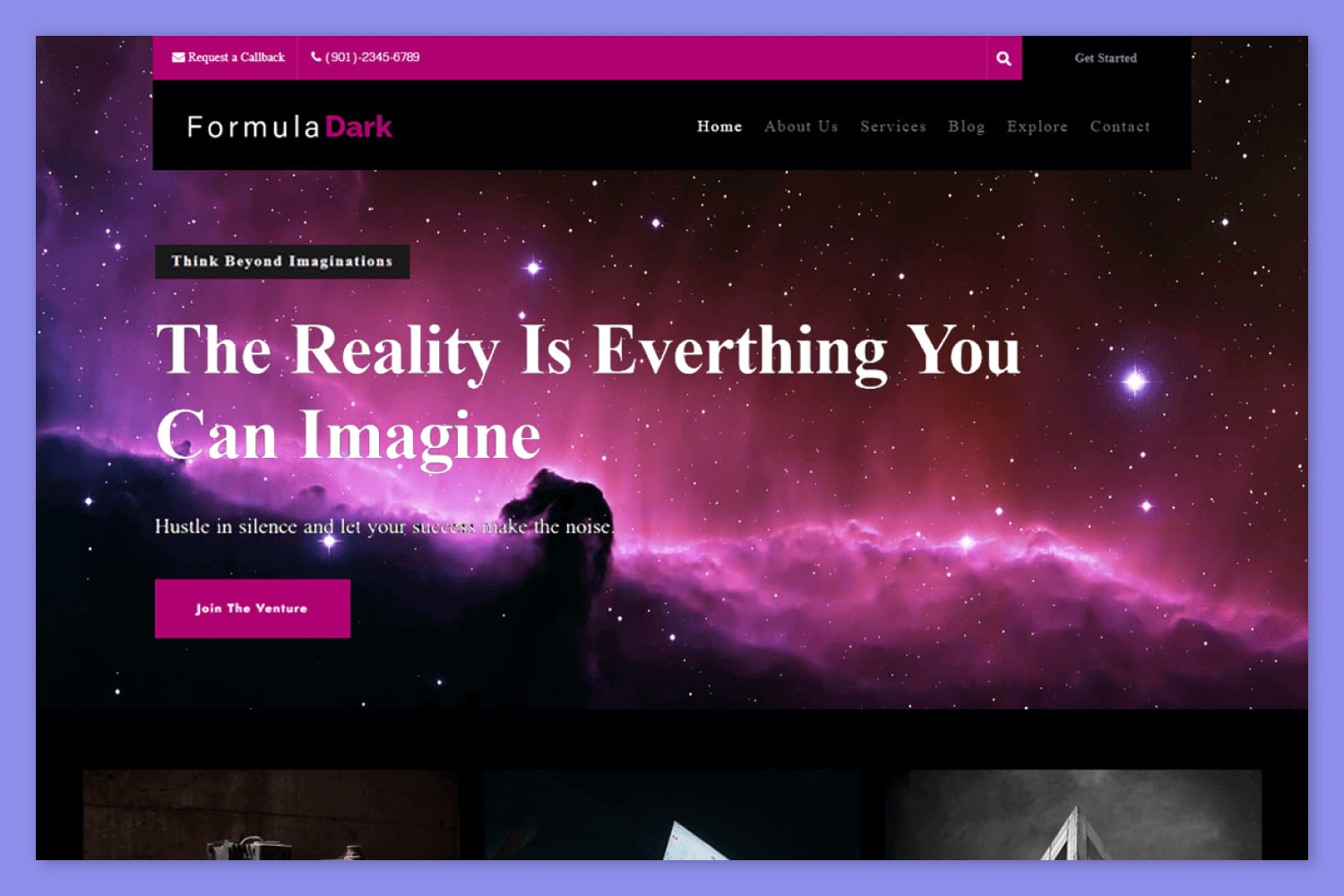 Screenshot of a website with a photo of space and white text on it.