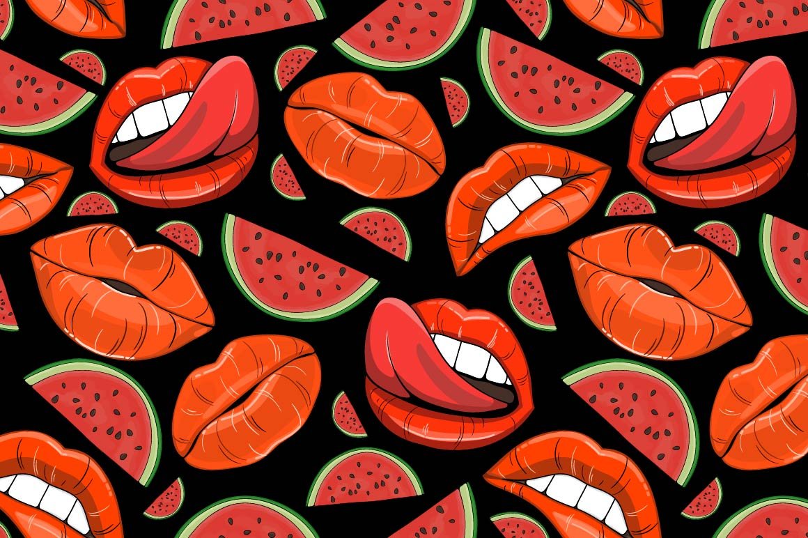 Collection of different red lips, mouths and watermelons on a black background.