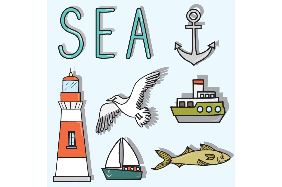 Blue lettering "Sea" and 6 different sea illustrations on a light blue background.