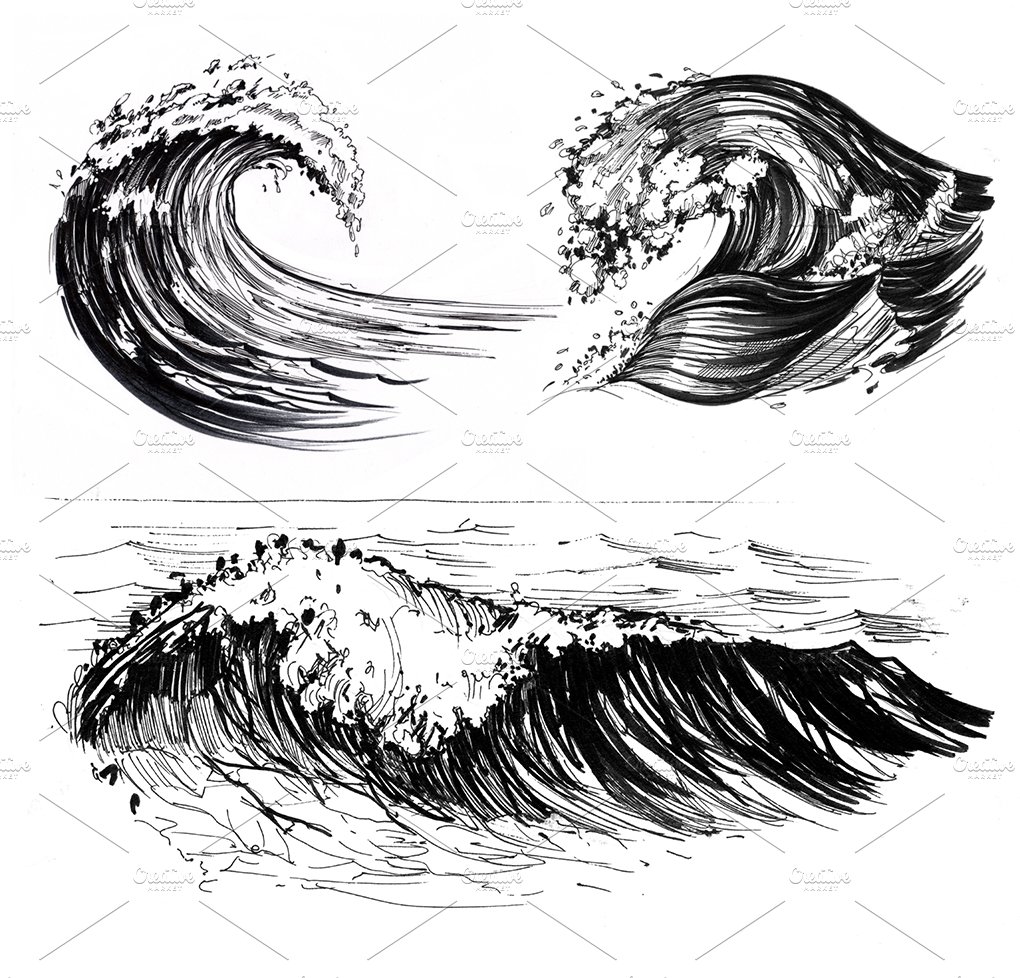 3 different black illustrations of wave on a white background.