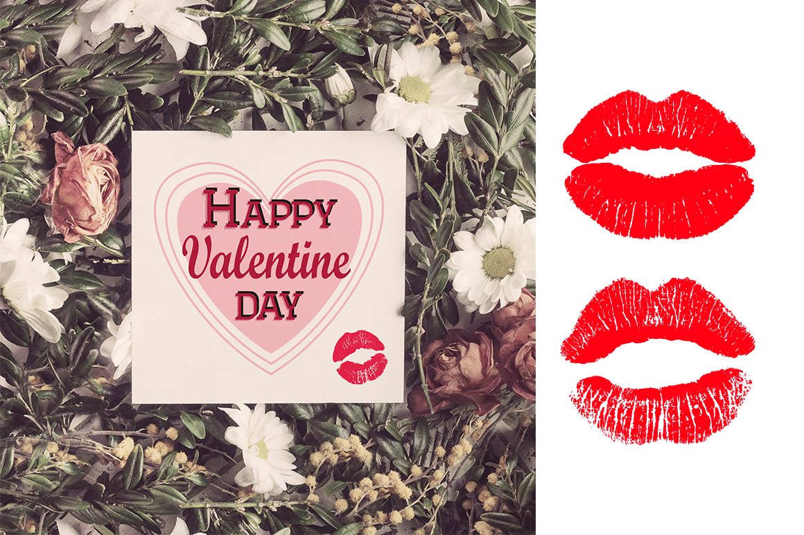 Square card with pink lettering "Happy Valentine Day" and pink heart and lips, and 2 red lips on a white background.