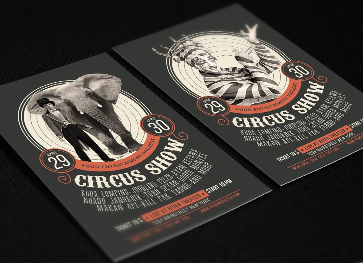 Two dark flyers with the circus animal and clown.