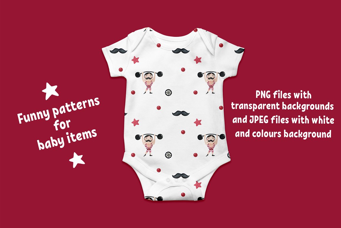 White baby bodysuit with circus patterns on a dirty red background.