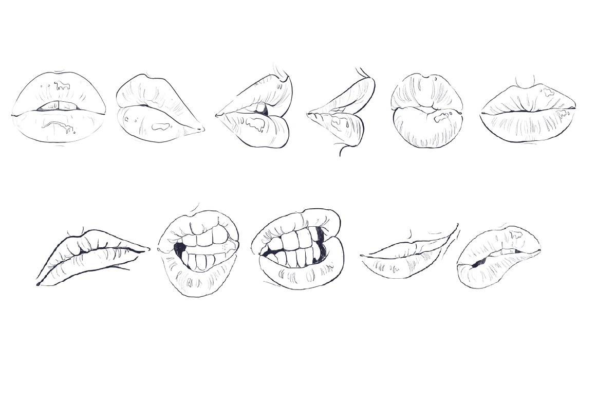 A set of 11 outline lips stamps on a white background.
